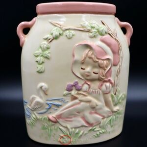 Cottage Core Vintage Ceramic Vase - Girl Swan & Flowers - Pink Canister Decor
